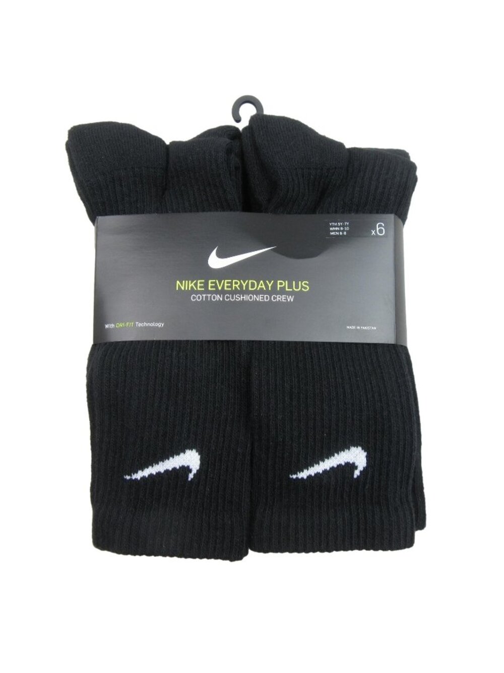 Nike Everyday Plus Dri-Fit Black Crew Socks (6 Pk) Womens 6-10 / Youth 5Y-7Y NEW